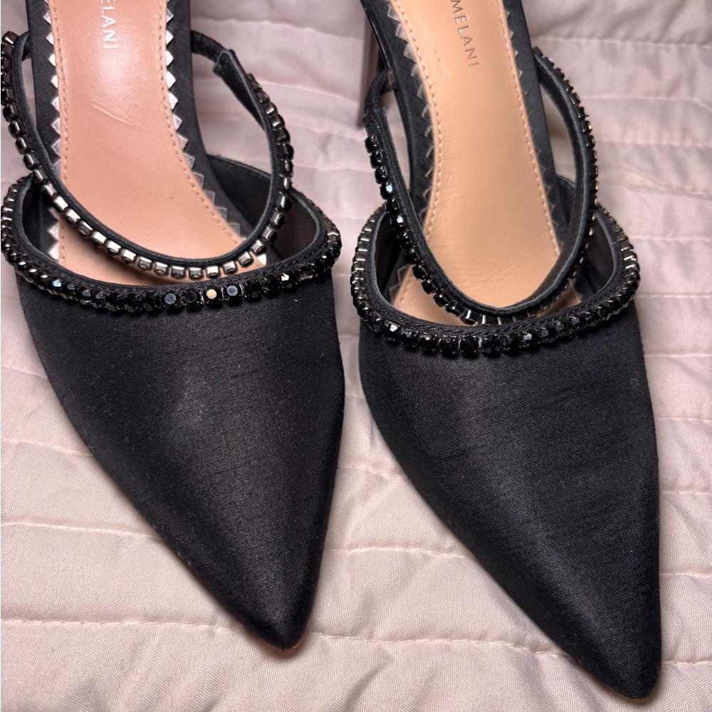 ANTONIO MELANI Black Satin Heels with Beaded Straps
